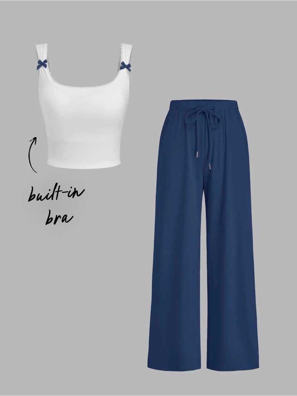 Cider BUILT-IN BRA SQUARE NECK BOWKNOT LACE TRIM CROP TANK & TROUSERS medium